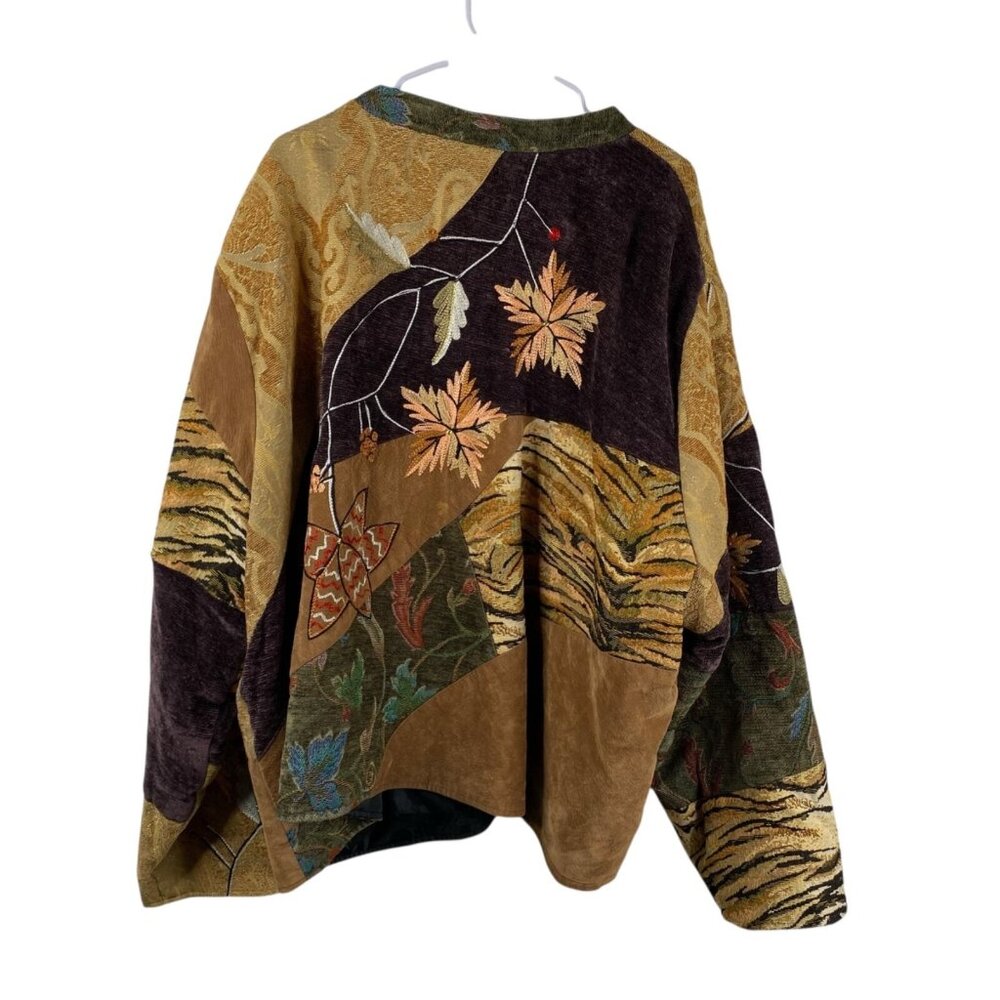 Alex Kim Jacket Tapestry Patchwork Mix Media Leaves Mulitcolor 5X Boho Eclectic - Picture 2 of 15